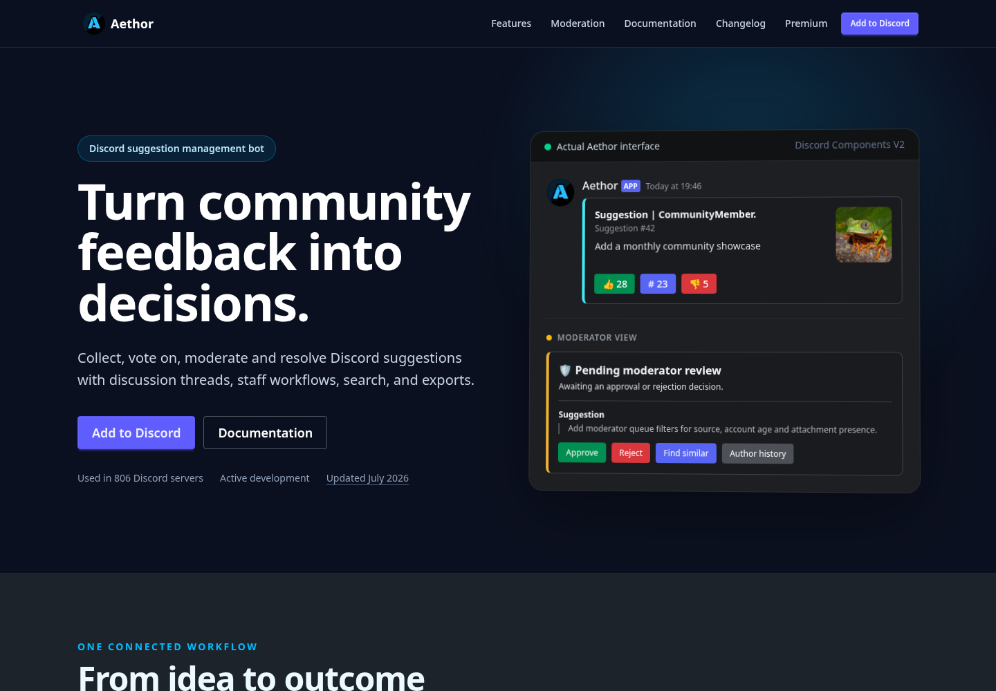 The Aethor homepage showing its Discord suggestion workflow