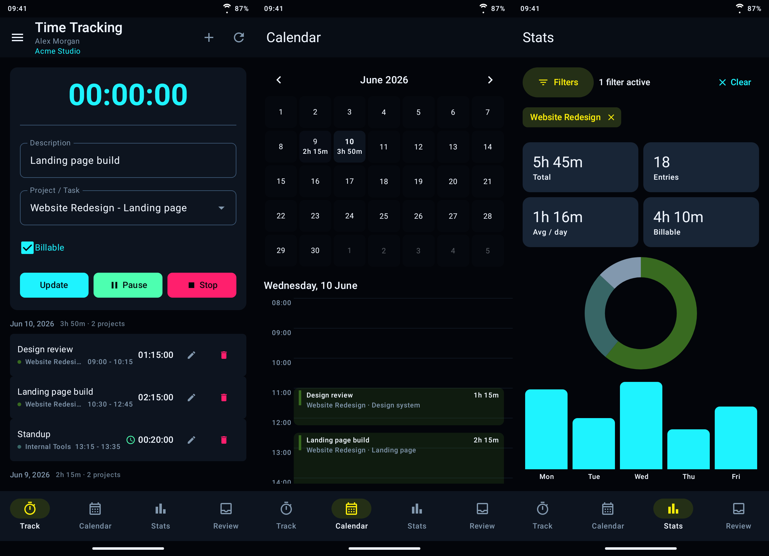 SolidVerdant timer, calendar, and statistics screens shown side by side